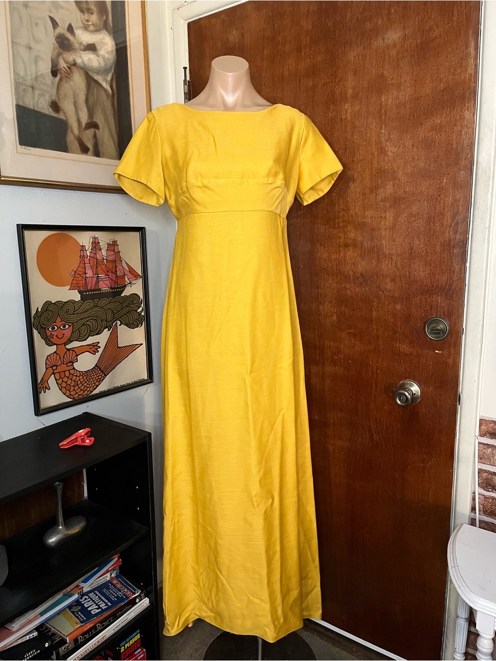 Vtg 60s Handmade Yellow Retro MOD Regency Evening Party Prom Maxi Gown M/L